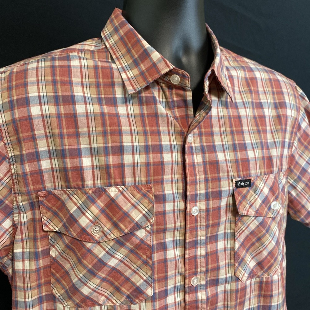Brixton Men's Red & Gray Plaid Short Sleeve Button-Down Casual Shirt Size LARGE - Picture 3 of 12